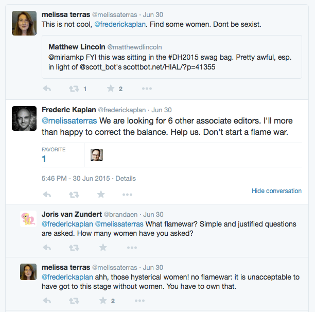 Screenshot of tweets asking Frederic to readdress the gender balance