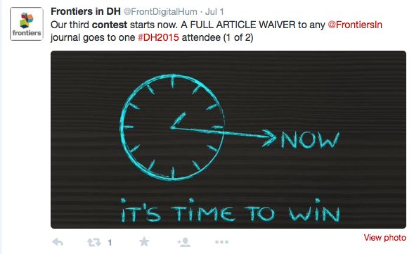 screenshot of tweet showing competition to win costs of publishing with frontiers in DH